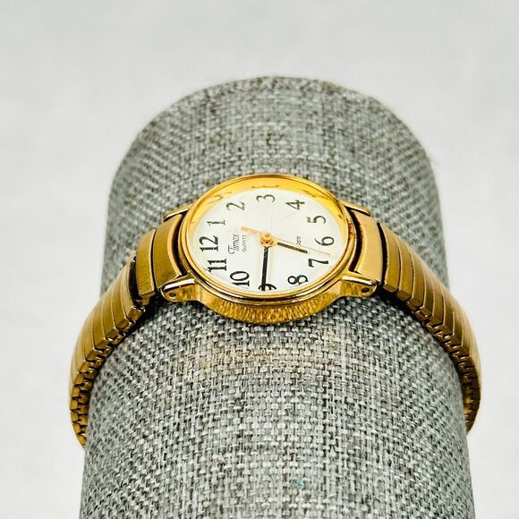 VTG Timex Watch Womens 23mm Gold Tone Expansion White Dial Round New Battery - Picture 3 of 11